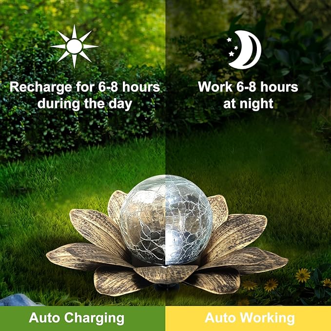 LEWIS&WAYNE Solar Garden Lights Outdoor, 3 Pcs Coppery Lotus Flower Pathway Lamps with Cool White Crackle Glass Globe Led Lights for Patio Pathway Yard Balcony Garden Decorations