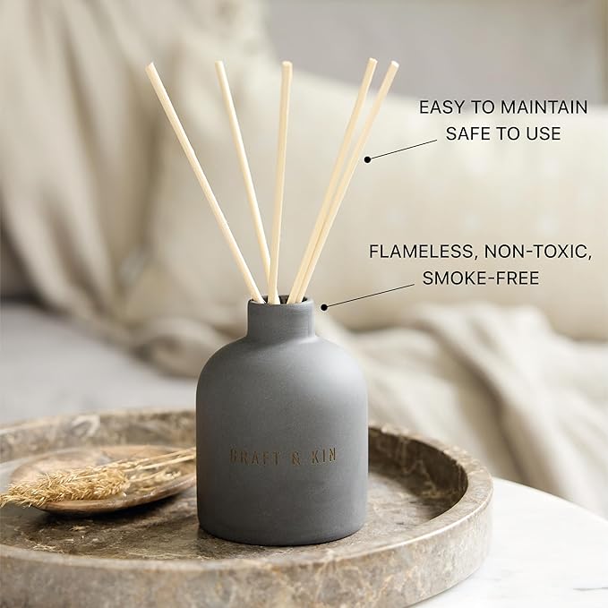 Craft & Kin Reed Diffuser for Home & Bathroom – Santal Woods Reed Diffuser Set with Fragrance Sticks, Long-Lasting Alcohol-Free Scent, Fall Earthenware Collection, 6.7oz