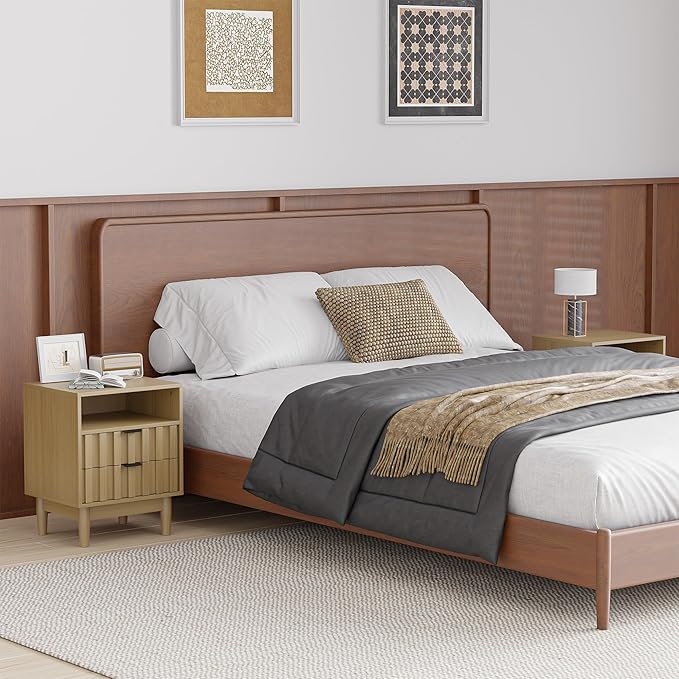 Fluted Nightstand Set of 2 with 2 Drawers, 19" Wide Night Stand with Solid Wood Legs, Open Storage Shelf, Mid Century Modern Wooden Bedside Table for Bedroom, Bed End Side Table, Oak