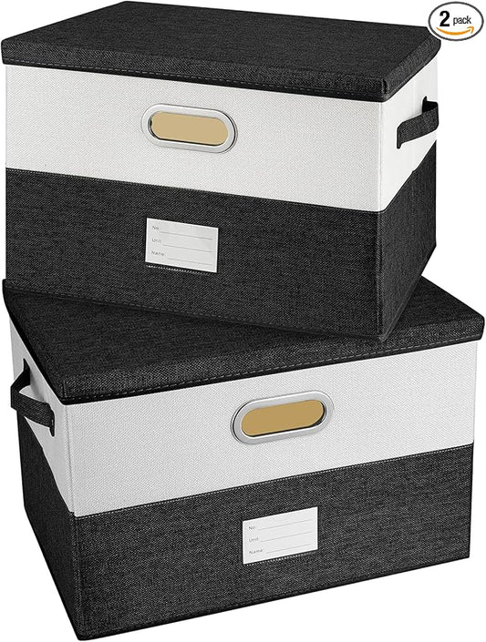 Large Linen Fabric Foldable Storage Bins with Removable Lid and Handles, Washable Storage Box Organizer Containers Baskets Cube with Cover for Bedroom,Office (Black&White, Medium(2-Pack))