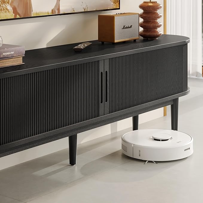 LINSY HOME Fluted TV Stand for 75" TV, Mid-Century Modern Wood Entertainment Center with Sliding Tambour Door and Storage Cabinet, Boho TV Media Console Table for Living Room, Bedroom, Black