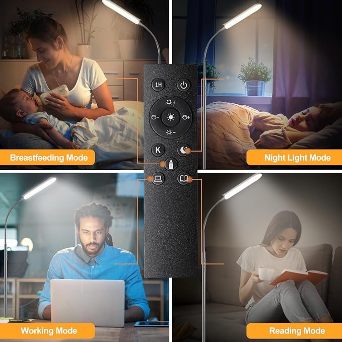 Grey LED Floor Lamp, 18W 1800LM Bright Floor Lamps with Remote & Works with Smart Plug, Dimmable Timing Eye Caring Reading Light Modern Standing Floor Lamp for Living Room Bedroom Office