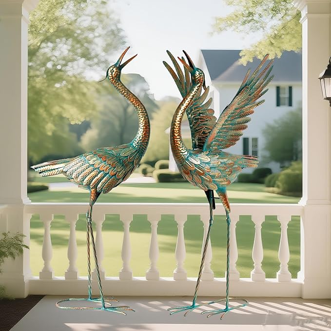chisheen Crane Garden Statues Outdoor Metal Heron Yard Art Crane for Garden Sculptures Patio Lawn Ornaments,Set of 2
