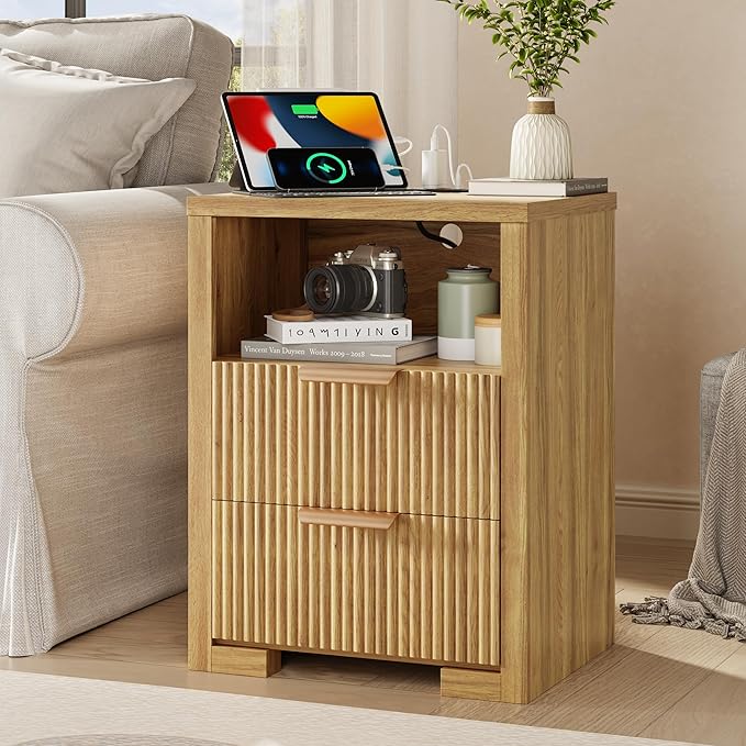 Fluted Nightstand Set of 2 with Charging Station, Night Stand with 2 Drawers, End Table with Storage, Bed Side Table for Bedroom, Modern Nightstand for Living Room, Natural