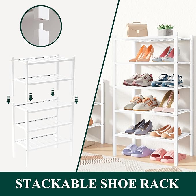 Smiry Bamboo Shoe Rack for Closet, 3 Tier Long Wooden Stackable Shoe Organizer, Free Standing Shoes Storage Shelf for Entryway, Front Door Entrance, White