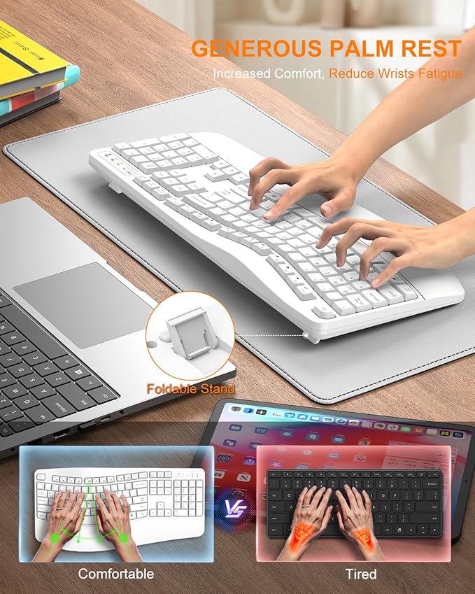 EDJO Ergonomic Wireless Keyboard for Large Hands, with Wrist Rest, Wave Keys, 2.4GHz Full Size Ergo Cordless USB Computer Keyboard, Comfortable Natural Typing, for Laptop, Mac, Windows (White)