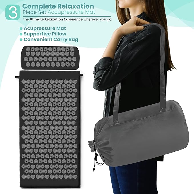 Sivan Health and Fitness Acupressure Mat and Pillow Set - Grounding Mat for Stress, Back & Neck Pain - Acupuncture Point Massage Mat for Muscle Relaxation, Sciatica, & Meditation - Includes Carry Bag