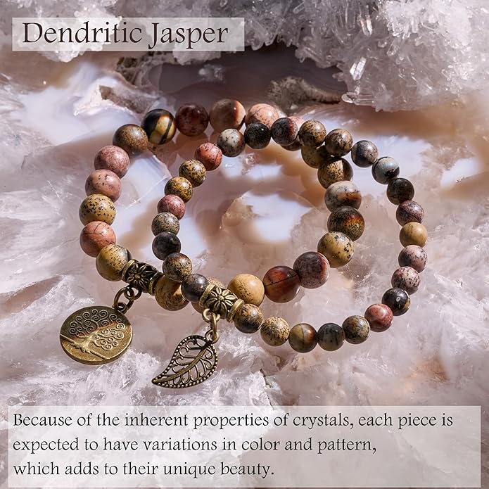 Bivei Natural Semi Precious Gemstone beads bracelet for women - Life Tree and Leaf Charm Energy Reiki Crystal Stretch Bracelets