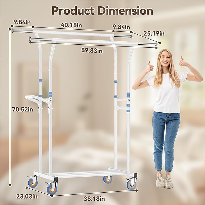 Heavy Duty Clothes Rack for Hanging Clothing: Rolling Coat Racks Poartable Garment with Wheels Freestanding Sturdy Metal Adjustable Extendable with Shelves Bedroom Laundry Living Room