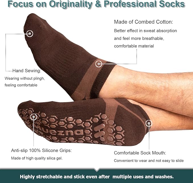 Muezna Men's Non-Slip Yoga Socks, Anti-Skid Pilates, Barre, Bikram Fitness Hospital Slipper Socks with Grips