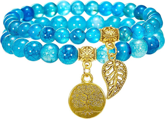 Bivei Natural Semi Precious Gemstone beads bracelet for women - Life Tree and Leaf Charm Energy Reiki Crystal Stretch Bracelets