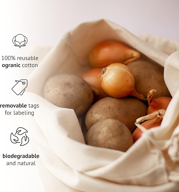 Cotton Storage Bags – X-Large 14x17 Inch (6-Pack) – Reusable Muslin Bags with Drawstrings – Biodegradable Canvas Fabric Sacks – Perfect for Bread, Bulk Produce, Potatoes, Onions, Shoes