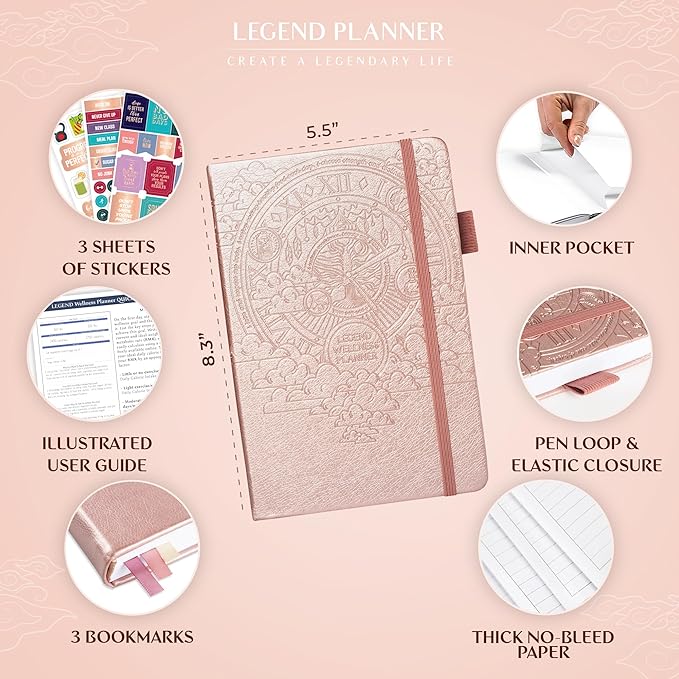 Legend Wellness Planner & Food Journal – Daily Diet & Health Journal with Weight Loss, Measurement & Exercise Trackers – Lifestyle & Nutrition Diary – Lasts 6 Months, A5 size – Rose Gold