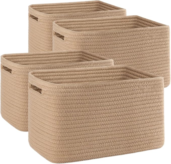 4 Pack Storage Baskets for Organizing, Woven Baskets for Shelves - Perfect for Toys, Books, Towels, and Clothes, Durable Gift Basket Bins Toy Storage, 12.7''L x9''W x7.8''H, Jute