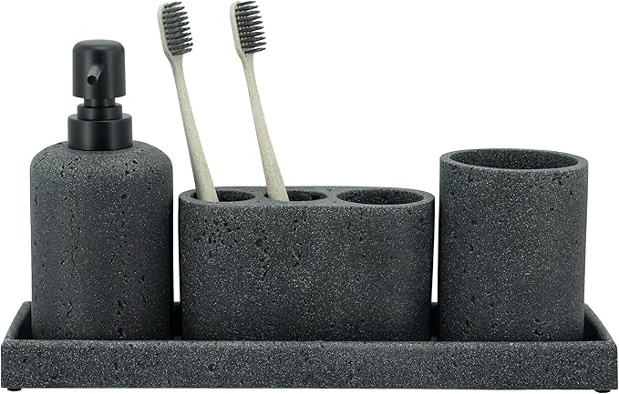 ZCCZ - Black Bathroom Accessories Set 4 Pcs - Toothbrush Holder, Soap Dispenser, Vanity Tray, Bathroom Tumbler - Countertop Vanity Organizer - Bathroom Accessory Set- Toothbrush Holder Set, Stone Sets