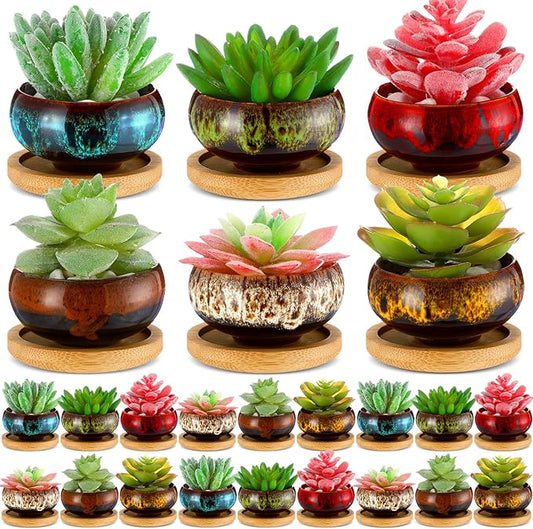 24 Pcs Ceramic Succulent Pots 2.5 Inch Small Plant Pots Indoor with Drainage and Bamboo Saucers Colorful Succulent Flower Planters for Garden Plants Home Decor(Round,1.2 Inch H)