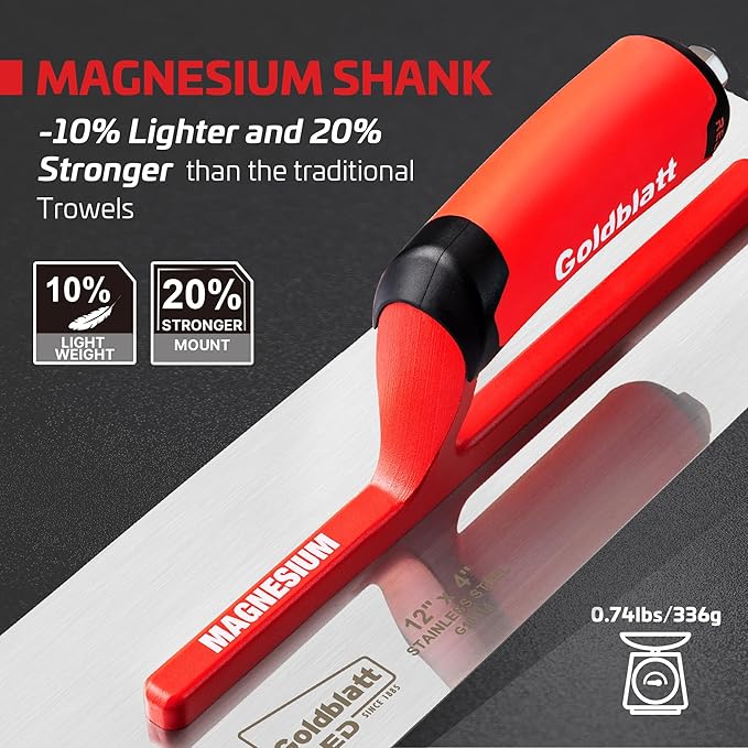 Goldblatt RED Stainless Steel Finishing Trowel, 12"x 4" Professional Drywall Masonry Trowel with Soft Grip Handle, Lightweight Magnesium Shank, Plastering Trowel for Sheetrock Wallboard Plasterboard