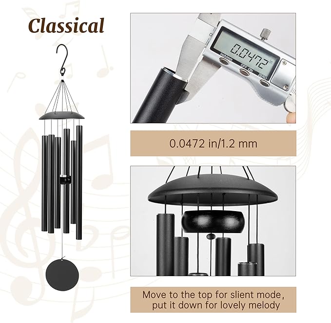 28" Wind Chimes for Outside with Classic Sound, Coolest Metal Windchimes Outdoors with Pine Wood Striker, Unique Gift for Mom, Garden Decoration(Black)