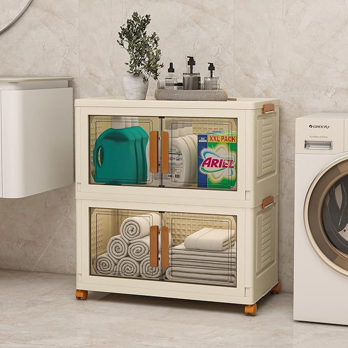 Plastic Stackable Storage Bins with Lids and Wheels, Foldable Closet Organizers and Storage Containers for Bathroom, Collapsible Clear Drawer Storage Cabinet with Doors White 22.4Gal 2Tiers