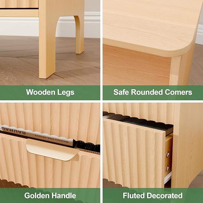 Fluted Nightstand with Charging Station, Wood Night Stand with 2 Large Drawers and Storage Shelf, Natural Bed Side Tables Bedroom, Mid Century Modern Nightstand for Bedroom/Living Room