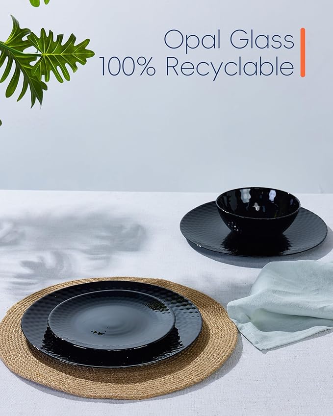 Dinnerware Sets for 4, Light & Durable 12 Pieces Opal Glass Plates and Bowls Set, Dishwasher and Microwave Safe Ribbed Dish Dinning Ware, Thin but Strong Geometric Faceted Black
