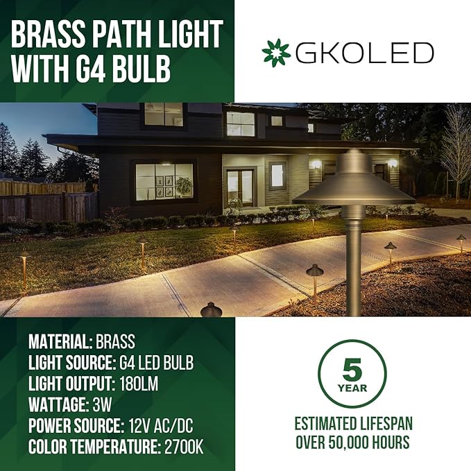 GKOLED Solid Brass Landscape Path Lights (6.7" Shade, 20" Tall), Low Voltage LED 3W 12-24V AC/DC China Hat Path Lighting, 2700K Outdoor Waterproof Walkway Light, with Stake and G4 Bulb, 12 Pack