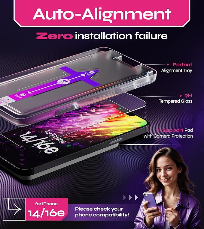 Defenslim Screen Protector for iPhone 14 / 16e (2Pack), Easy Auto-Align Install Kit, 6.1" Tempered Glass, 9H Hardness, Ultra HD Clear, Case Friendly, EasyShield