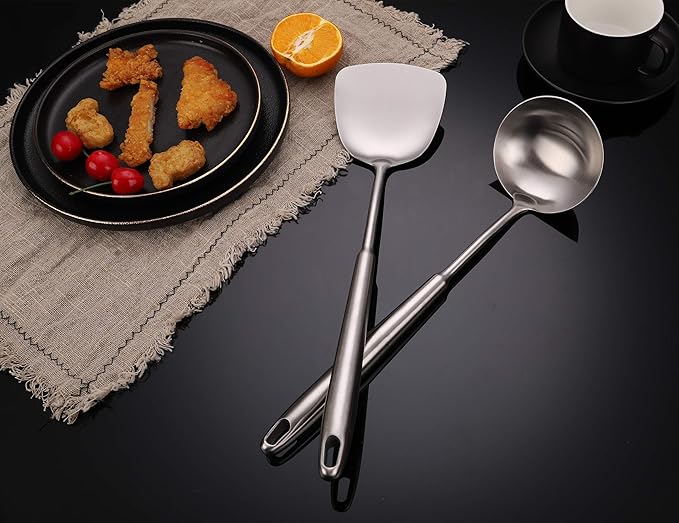 FJNATINH Wok Spatula and Soup Ladle Set - 304 Stainless Steel Wok Utensil Tools Set, 2 Pieces All Metal Cooking Kitchen Utensils,Chinese Wok Accessories for Cast Iron/Carbon Steel Wok