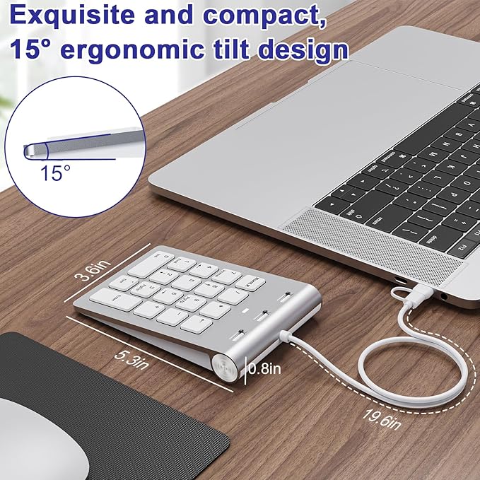 Wired Numeric Keypad USB C/USB A, Ergonomic Mini Number Pad with 3 USB 2.0 Ports, 18 Keys Numpad, Office Calculator Number Pads for Laptop, Desktop, Notebook, PC