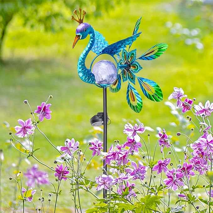 Peacock Solar Light Wind Spinner Outdoor Garden Decoration, Waterproof Garden Stake LED with Cracked Glass Ball, Gift for Mom, Lawn Ornaments for Pathway, Patio, Yard Decor Outdoor