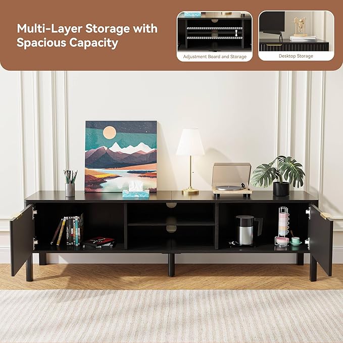 Black TV Stand, Mid Century Modern Entertainment Center with Storage, TV Table with Fluted Door Cabinets and Open Adjustable Shelves for Livingroom, Bedroom