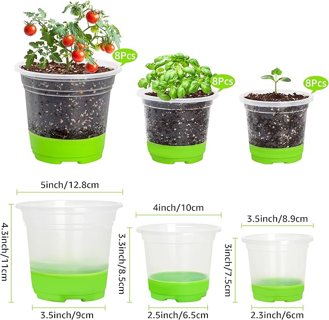 24 Packs 5/4/3.5 Inch Reinforced Nursery Pots with Silicone Base for Easy Transplant, Variety Pack Plastic Plant Pot Seedling Planter Seed Starter Flower