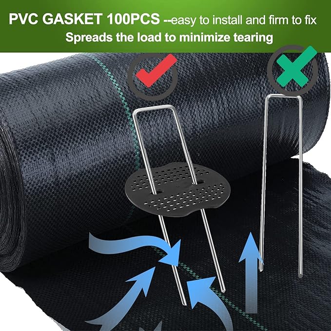 Finderomend 500 Pack Landscape Staples and 50 Pack Gaskets,11 Gauge 6" Galvanized Steel Garden Staples with Black Pads,Landscape Pins Turf Staples for Securing Weed Barrier Fabric Artificial Grass