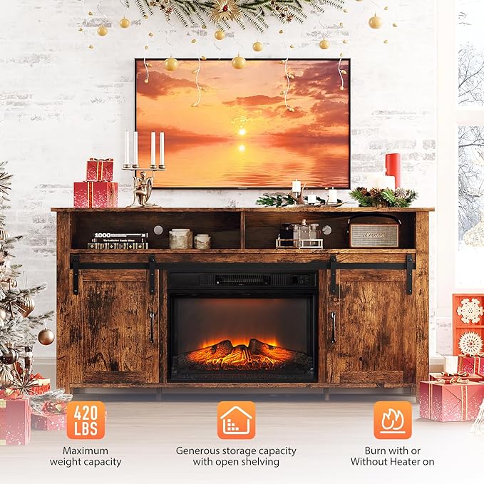 VINGLI Fireplace TV Stand with Sliding Barn Door for 70 Inch TV, Farmhouse Entertainment Center with 23" Fireplace, Media Console Table with Storage Cabinets for Living Room, Rustic Brown