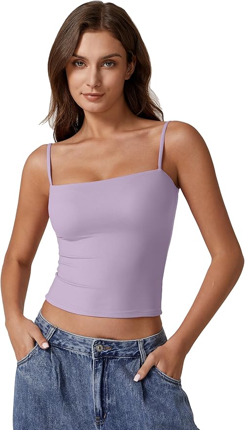 QINSEN Women's Double Lined Basic Tank Top Adjustable Spaghetti Straps Sleeveless Camisole Shirts