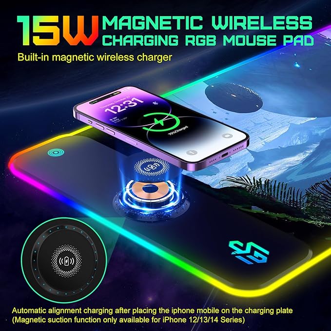 GIM 15W Wireless Charging RGB Gaming Mouse Pad, LED Mouse Pad 800x300x4MM, 10 Light Modes Extra Large Mousepad Non-Slip Rubber Base RGB Desk Mat for Gaming, MacBook, PC, Laptop, Desk (Planetary)