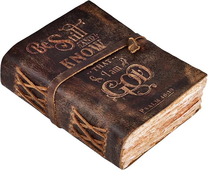 LEATHER VILLAGE Vintage Leather Journal with Psalm 46:10 Bible Verse–13''x8'' Embossed Prayer Study Journal for Women & Men – 200 Pages Handmade Cotton Deckle Edge Watercolor Paper - Brown
