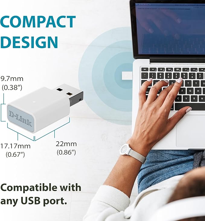 D-Link AC1300 USB WiFi Adapter —2.4/5GHz Dual Band Wireless Internet Travel Size for Desktop PC Laptop —MU-MIMO Plug & Play —Supports Windows 10/11 Drivers —WPA3 Enhanced Security (AC13U)