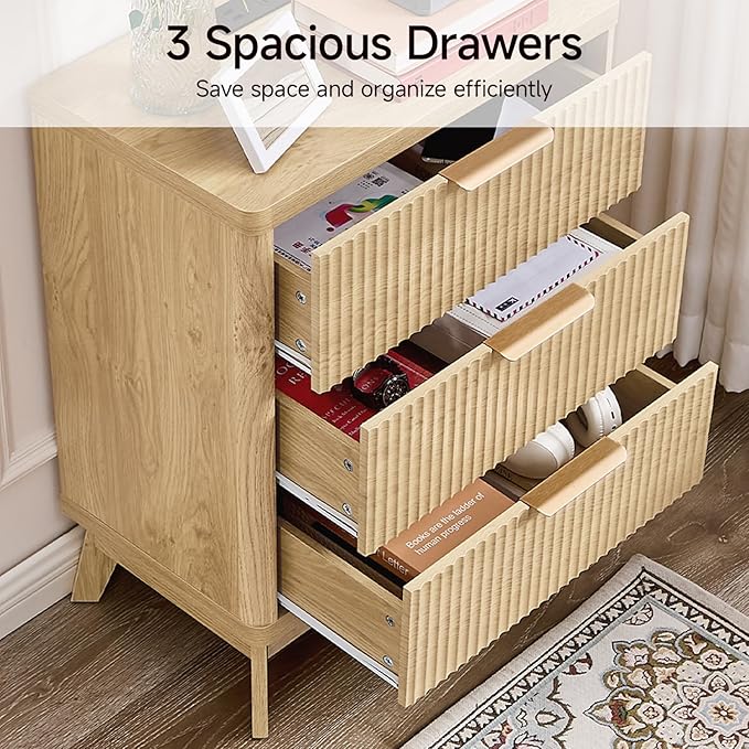 Fluted Nightstand with Charging Station, 23'' Modern Side Table with 3 Large Storage Drawers, Wide Night Stand Bedside End Table Tall Wooden Dresser for Bedroom