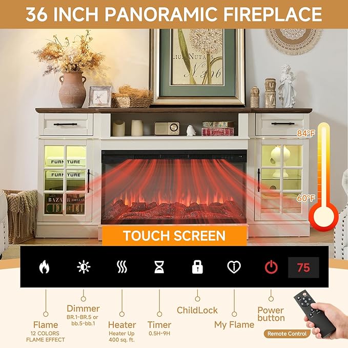 ROCKPOINT 3 Sided Glass 70" Fireplace TV Stand for TVs up to 80inch, Entertainment Center with Drawers and Glass Door Storage Cabinet,36" Electric Fireplace with LED Light and Flame Colors, White