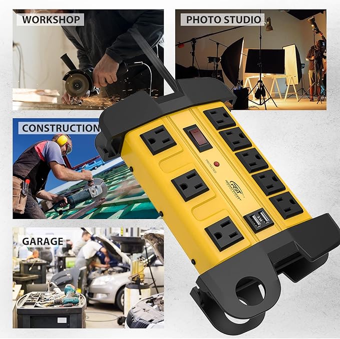 Heavy Duty Surge Protector Power Strip with 2 USB Ports, CRST 8-Outlet Metal Industrial Power Block with 15A Circuit Breaker, 6ft Extension Cord, 1350 Joules for Workshop, Garage, Office, Shop…