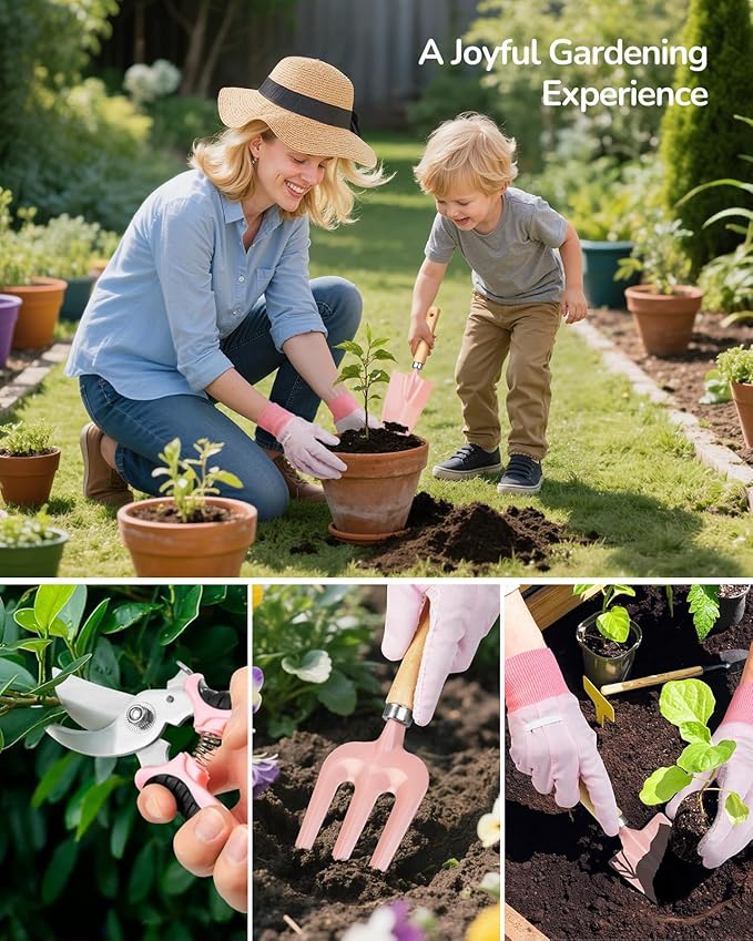 Gardening Tools, 10-Piece Gardening Gift Set for Women, Rust-Proof & Heavy-Duty Tools with Floral Organizer Bag, Fashionable & Thoughtful Gift for Garden Women (Pink Red)