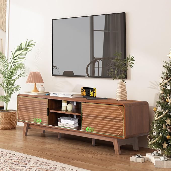 Mid Century Modern TV Stand for 55/60/65 Inch TV, 63" TV Console Table with Fluted Sliding Doors, Entertainment Center and Media Console Cabinet with Storage for Living Room (Walnut)