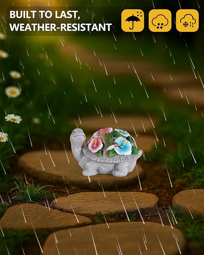 Solar Turtle Figurine Lights with Hummingbird Flower 5.5-inch – Garden Statue for Outdoor Yard Decorations, Lawn Ornaments, Balcony Decor – Ideal Gift for All Occasions (Turtle)