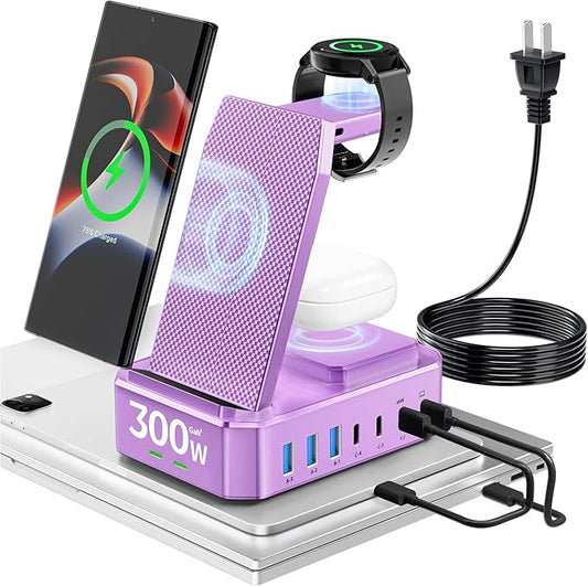 300W Wireless Charger for Samsung,Zutspzss 10 in 1 Wireless Charging Station, 65W USB C Fast Charging Stand for Samsung S25 Ultra/S24/S23/S22/Z Fold,Galaxy Watch Ultra7/6/5,Galaxy Buds,Purple