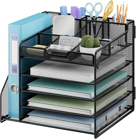 Lavatino Desk Organizer, 5-Tier Metal Mesh Paper Letter Tray with 1 File Holders & 7 Flexible Dividers for Office or Home Desk Organizers and Accessories, Keep Workspace Supplies Neat, Black