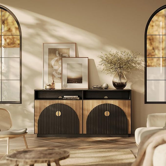 BELLEZE 65 Inch Fluted TV Stand, Mid Century Modern Entertainment Center with Storage Cabinets & Open Shelves, Media Console TV Cabinet with Adjustable Shelves for Living Room, Camel