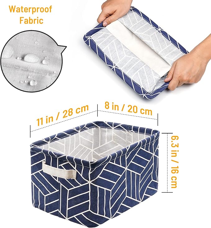 CROWNED 6 Pcs Storage Basket Foldable Cube Fabric Bins Square Mini Box Receive Organizer Rectangle Canvas with Handles for Home Office Books Small 11x8x6.3 inch Navy
