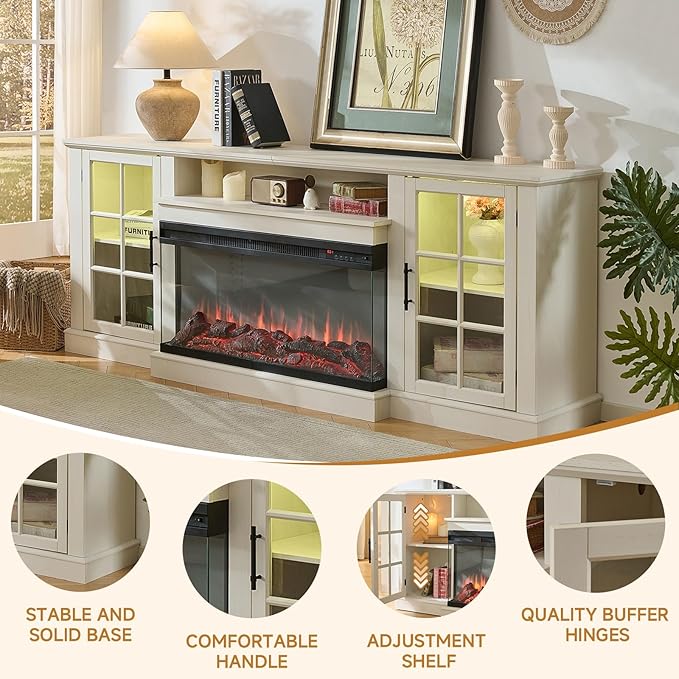 ROCKPOINT 3 Sided Glass 80" Fireplace TV Stand for TVs up to 90inch, Media Entertainment Center with Glass Door Storage Cabinet,36" Electric Fireplace with LED Light and Flame Colors, White