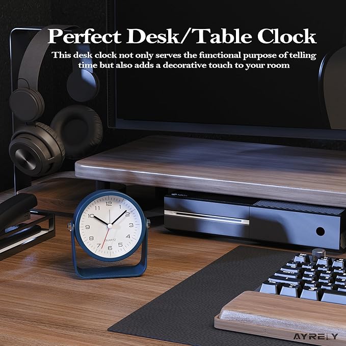 AYRELY® 3.5 Inch Small Analog Alarm Clocks,Battery Operated Desk Clock,Cute Table Clock with Light，Adjustable Angle for Travel,Bedside,Bedroom,Kids,Living Room Decor(Navy Blue)